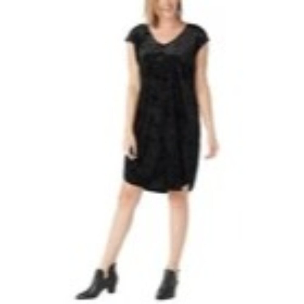 Rachel Hollis LTD Black Velvet Dress Size Large Short Sleeve V-Neck Front Pocket